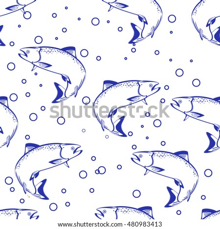 Vector illustration vintage seamless pattern with salmon fish. Food pattern design for restaurant.