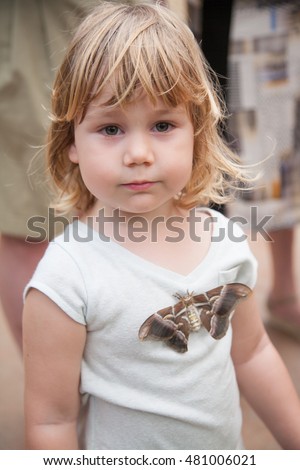 portrait of three years old blonde pretty child looking with beautiful tropical moth butterfly named Samia Ricini or Cynthia, from Saturniidae family, on her shirt