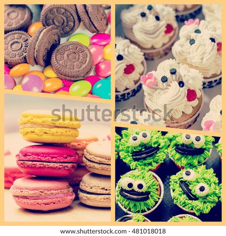 collage picture of cake with many sweet in set