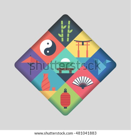 Culture of Asia, vector flat illustration, icon set: japanese gate, food, origami, religion, lantern, bamboo, umbrella, fun, alcohol