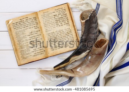 Prayer Shawl - Tallit and Shofar (horn) jewish religious symbol Royalty-Free Stock Photo #481085695