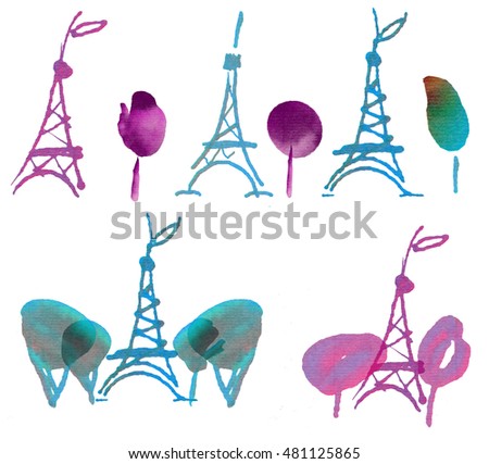 Watercolor sketch Eiffel tower set. Hand drawn illustration. France Paris collection.Free style