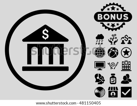 Bank Building icon with bonus. Vector illustration style is flat iconic symbols, black color, light gray background.