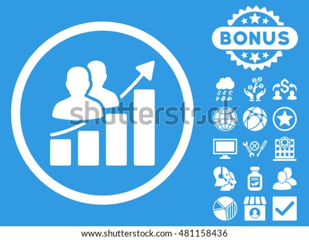 Audience Growth Chart icon with bonus. Vector illustration style is flat iconic symbols, white color, blue background.