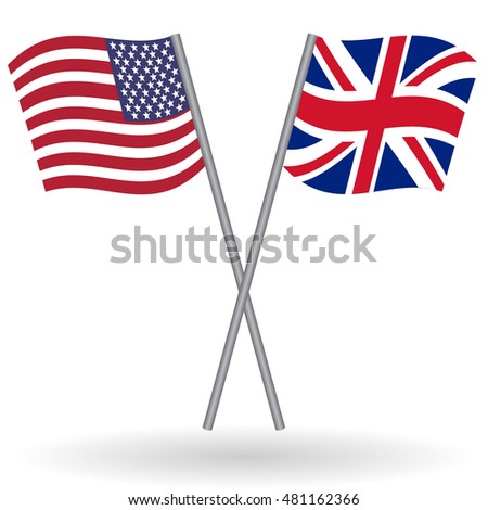 American and British crossed flags. United States of America combined with United Kingdom isolated on white. Language learning, international business or travel concept.