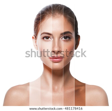 Portrait woman with problem and clear skin, skin tone different colors youth make up concept Royalty-Free Stock Photo #481178416