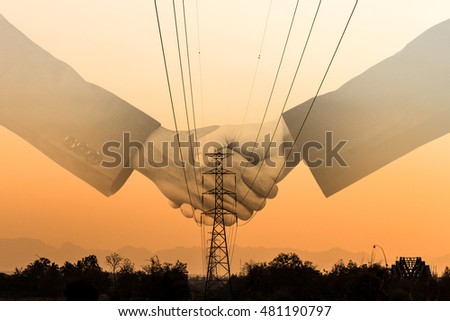 Shaking hand with agreement with Electrical transmission tower, Agreement for energy transmission network business 