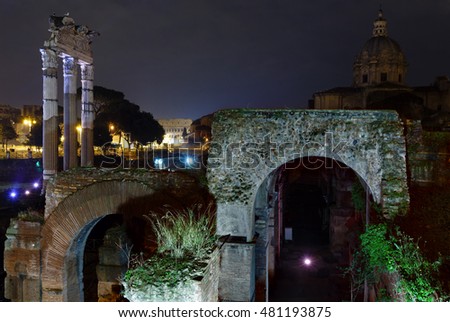 Caesar Forum ruins and Temple of Venus Genatrix night view in Rome, Italy.
