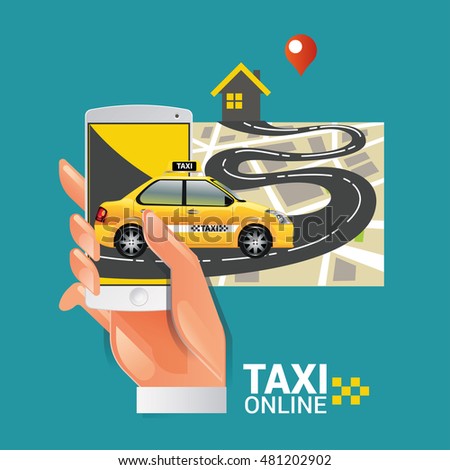Vector illustration of a taxi service concept. Smartphone and touchscreen with taxi service application.