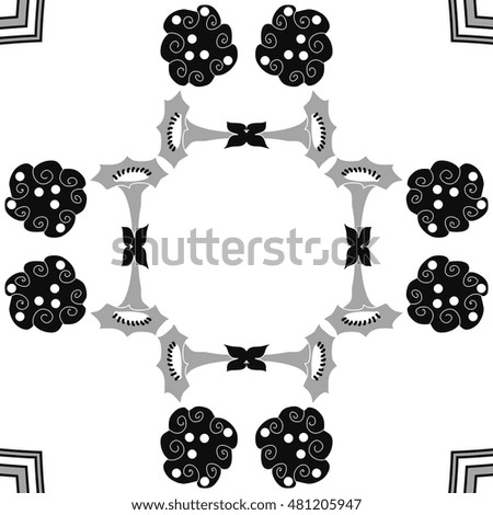 Circular pattern of  stylized  flowers, spirals. Hand drawn.