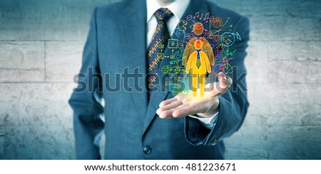 Human resources manager is showing a candidate with growth potential in his open left palm of hand. Concept for personal development, professional coaching, talent acquisition and headhunting. Royalty-Free Stock Photo #481223671