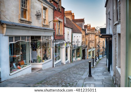 Cobbled streets at Catherine Hill in Frome, Somerset Royalty-Free Stock Photo #481235011