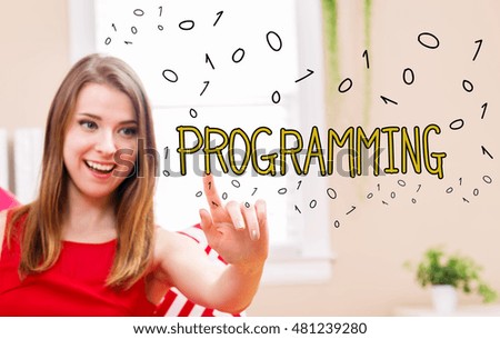 Programming concept with young woman in her home 