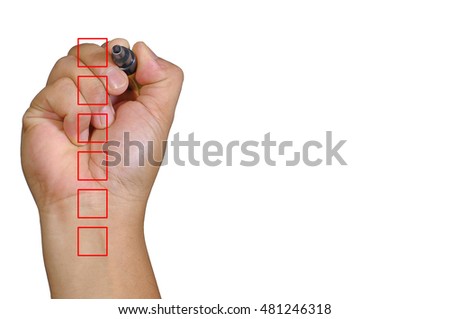 Human hand waiting to check checklist boxes and copy space area isolated on white