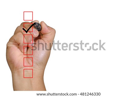 Human hand check one box with black mark and copy space area isolated on white