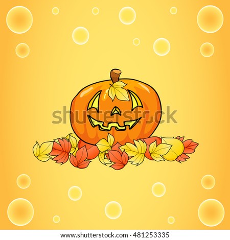 Halloween pumpkin on a yellow background in the autumn leaves. Happy Halloween background. Autumn background. Hand drawing. Vector illustration.