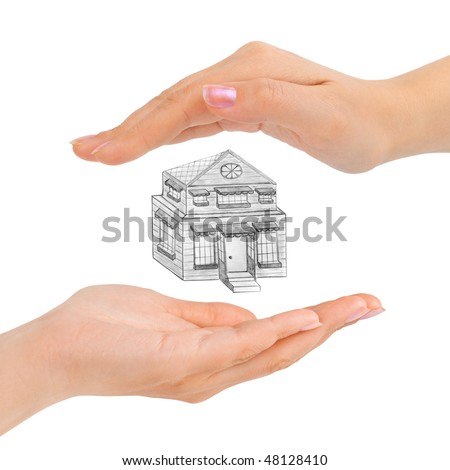 Cupped hands and house isolated on white background