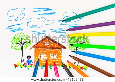 Child's drawing and pens - abstract art background