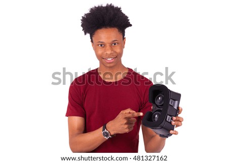 African American young man giving a vr virtual reality headset over white background