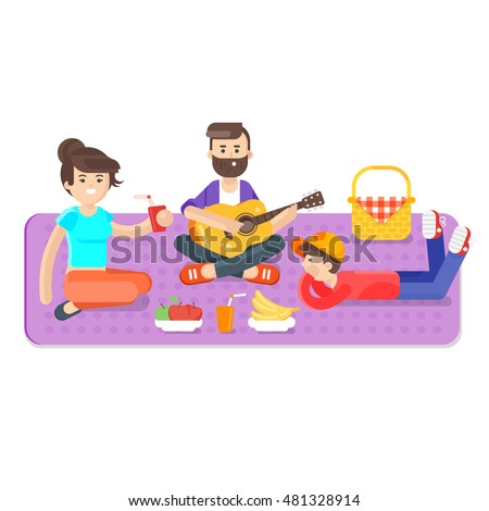 Vector flat style illustration of  happy family picnic in the park with guitar. Summer romantic vacation. Isolated on white background. Dad, mom and son. 