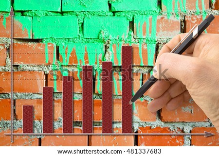 Hand draws a growing graph against a brick wall background - concept image