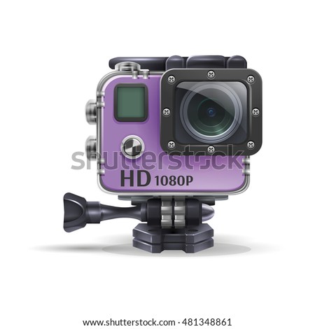 Realistic action cam in waterproof box. Vector illustration on white background. Royalty-Free Stock Photo #481348861