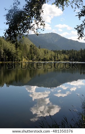 In the clear water of a forest lake reflects the sky, mountain, forest and clouds. Photo partially tinted.
