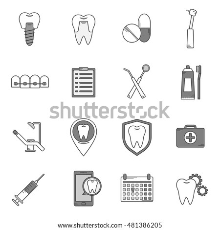 A set of vector icons in dental linear style. Icons for the web site dental clinic. Orthodontics, implants.
