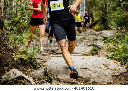 group of runners marathoners are running one behind another in woods on rocks Royalty-Free Stock Photo #481401610