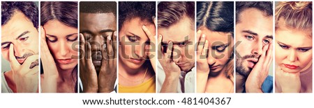 Collage group of sad depressed people. Unhappy men women  Royalty-Free Stock Photo #481404367