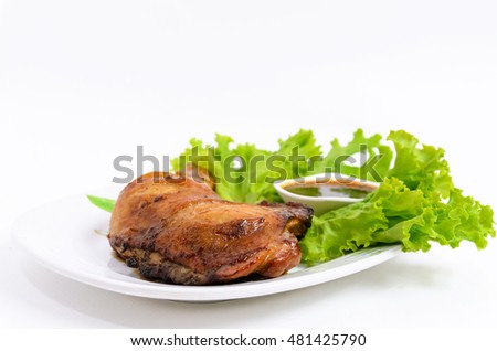 Roast chicken and rice on dish in white background