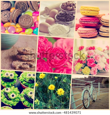 collage picture of bakery with beautiful flower in set