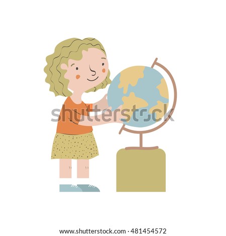 Cute little girl holding a globe in his hands. Cartoon  illustration.