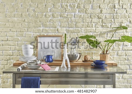 modern kitchen table chopping board with stone wall decor