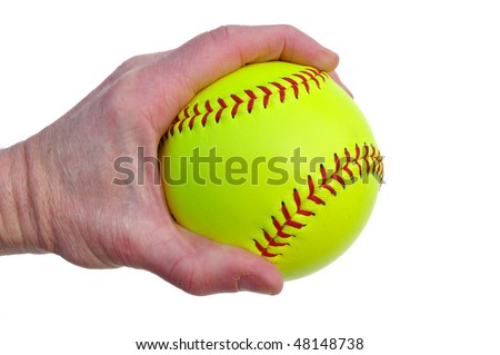 Player Gripping a Yellow Softball Isolated on White
