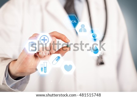 A pill is being held in the hand of a doctor dressed in white, illustrated with blue signs