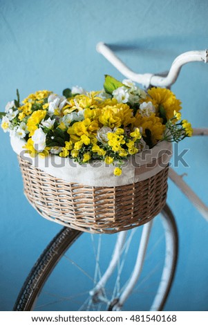 old bicycle with flowers on blue background