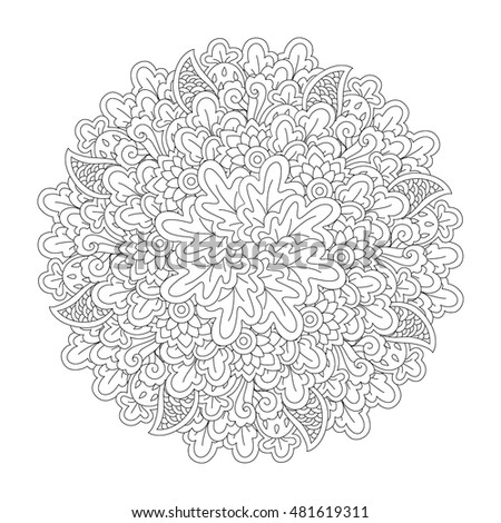 Round element for coloring book. Black and white ethnic henna pattern. Floral mandala.

