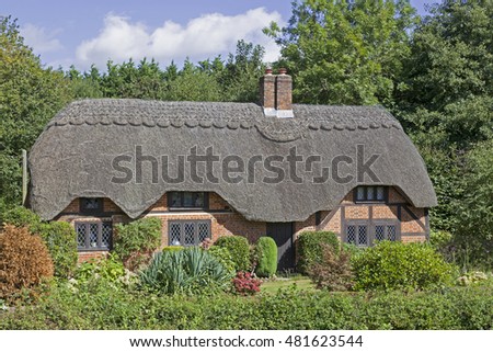 Lovely picture postcard quintessentially English thatched cottage in the New Forest in the UK on a sunny day. Picture taken from a public place. Royalty-Free Stock Photo #481623544