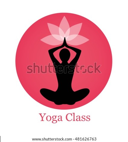 female silhouette yoga. Above her head, a lotus flower. Silhouette sits on a background of pink circle
