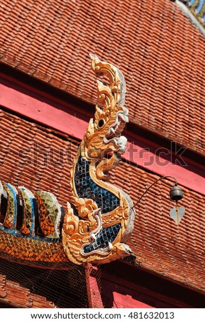 Close up of decorated church roof of Wat Si Pan Ton, Thailand temple