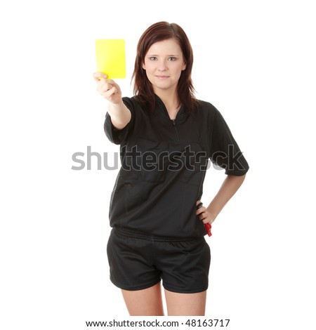 Young female referee showing the red card, isolated on white