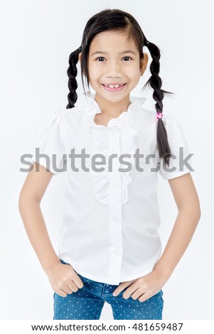 Portrait of asian cute girl with smile face on gray background