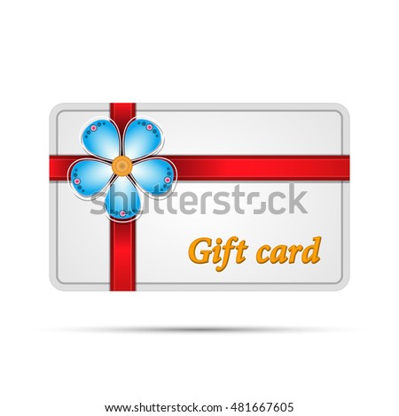 Colored gift card illustration with ribbon and blue flower. Vector isolated object.