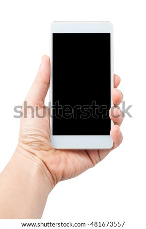 Man Hand Holding Smartphone isolated on White Background, clipping path