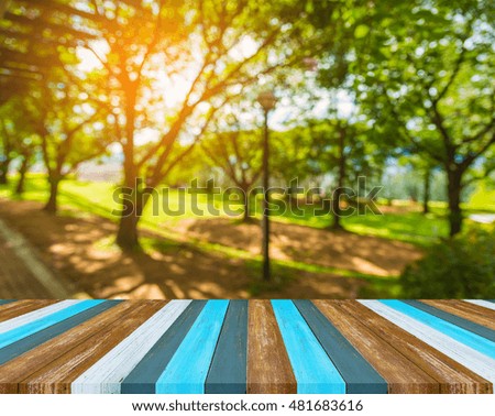 image of wood table and blur green tree background.