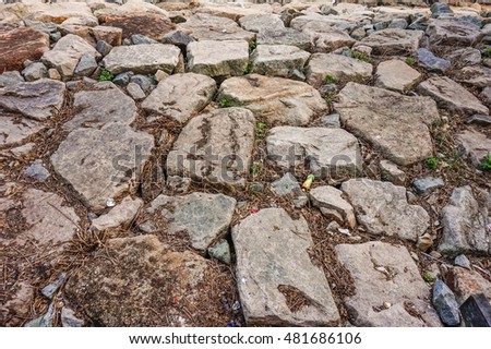 Many rocks on the ground near a lake