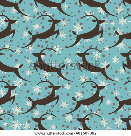 Vector seamless pattern with deer and snowlfakes textile design or gift wrap retro colors