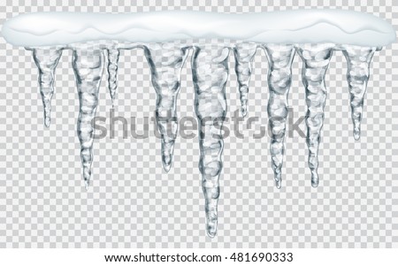 Hanging translucent icicles with snow in gray colors on transparent background. Transparency only in vector file Royalty-Free Stock Photo #481690333