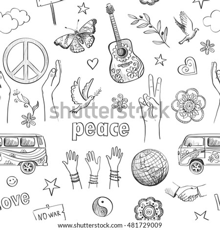 
Cheerful seamless pattern . Set of elements relating to peace and love , hippie style .